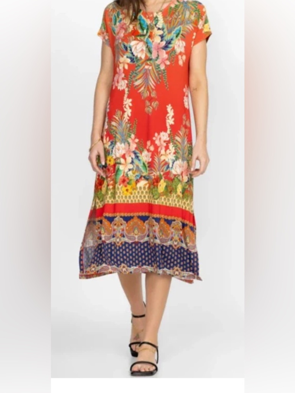 JOHNNY WAS Rapsodia Maxi Henley Dress Size Medium M Floral Tropical RV $210 EUC